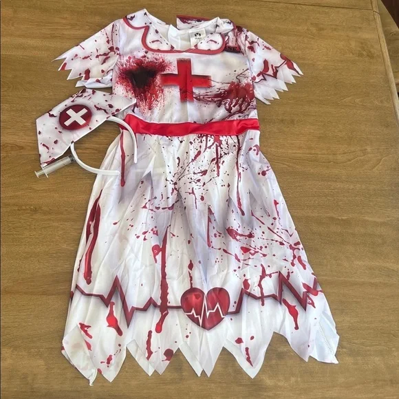 Ikali Girls Zombie Nurse Dress Headband 2 Piece Halloween Costume Size 7-8 Scary - Picture 4 of 10